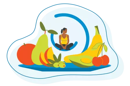 illustration person sitting surrounded by fruits